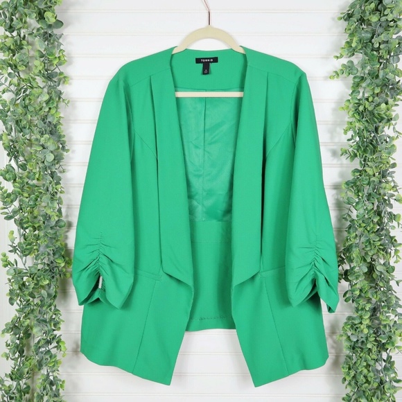 torrid Jackets & Blazers - Torrid Ruched Sleeve Green Blazer Career Plus